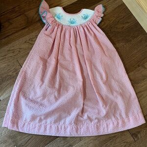 Pleats & Stitches Smocked Handmade Dress Pink Gingham Embroidered Crabs Girls 4t